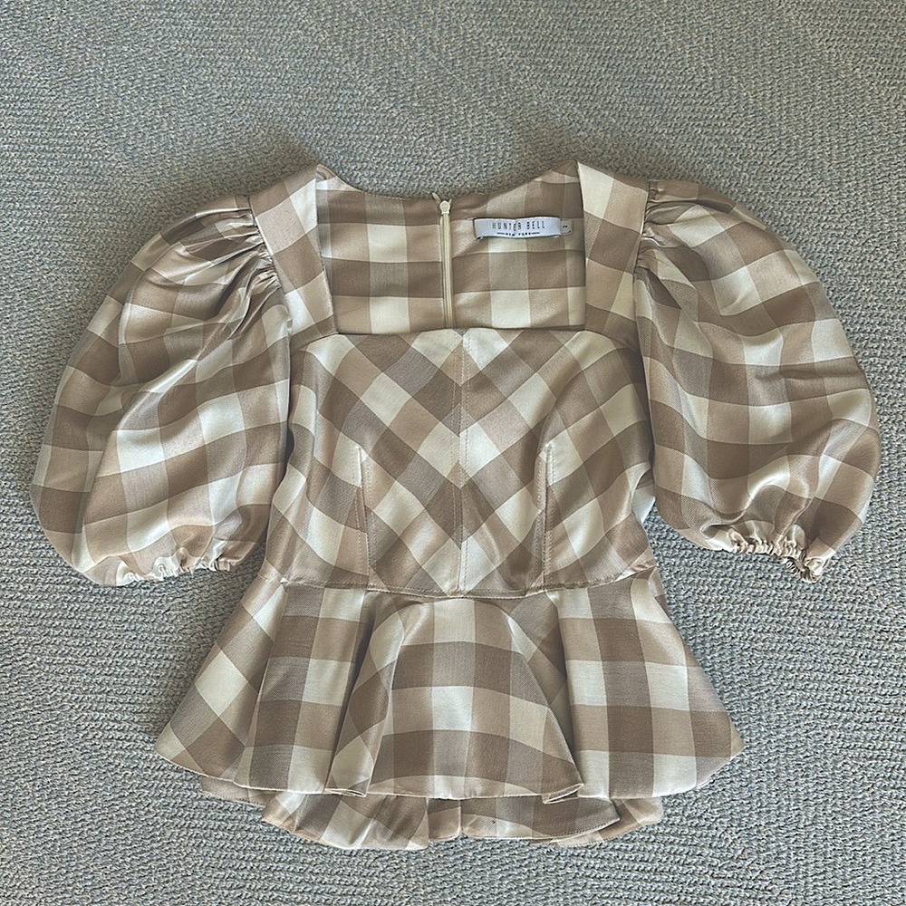 HUNTER BELL Beige and Cream Gingham Puff-Sleeve Peplum Top